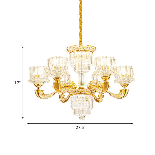 Gold Lotus Suspension Light Contemporary Crystal Rectangle 6/8 Bulbs Living Room Hanging Chandelier Clearhalo 'Ceiling Lights' 'Chandeliers' 'Modern Chandeliers' 'Modern' Lighting' 738125