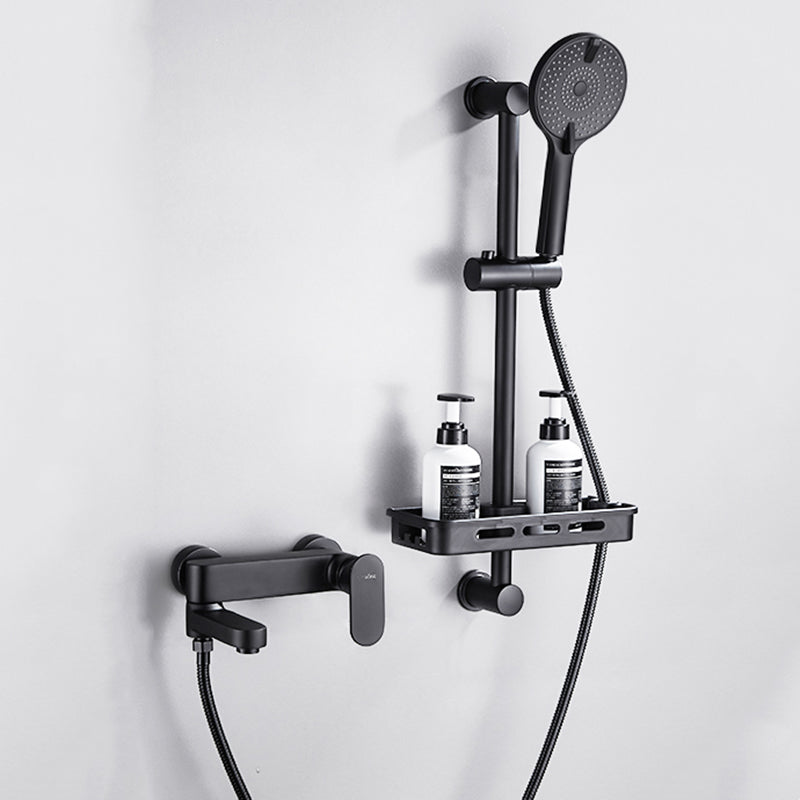 Contemporary Tub Filler Wall Mount Swivel Spout Tub Filler Trim Black Four Speed Shower Risers Included Clearhalo 'Bathroom Remodel & Bathroom Fixtures' 'Bathtub Faucets' 'bathtub_faucets' 'Home Improvement' 'home_improvement' 'home_improvement_bathtub_faucets' 7381276