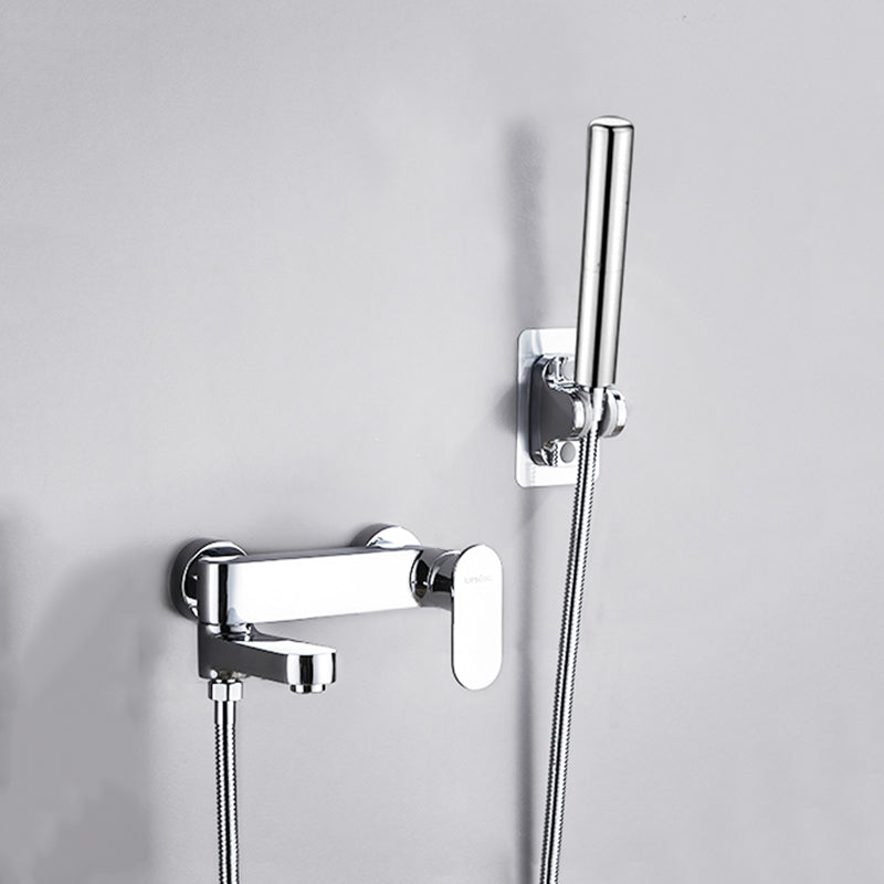 Contemporary Tub Filler Wall Mount Swivel Spout Tub Filler Trim Silver Pressurized Shower Head Risers Not Included Clearhalo 'Bathroom Remodel & Bathroom Fixtures' 'Bathtub Faucets' 'bathtub_faucets' 'Home Improvement' 'home_improvement' 'home_improvement_bathtub_faucets' 7381284
