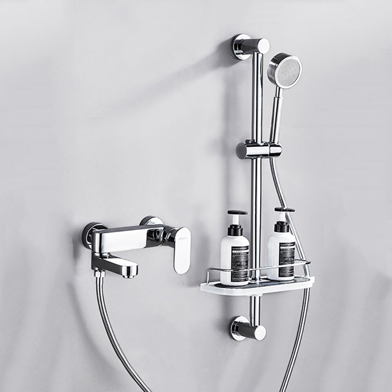 Contemporary Tub Filler Wall Mount Swivel Spout Tub Filler Trim Silver Stainless Steel Handshower Risers Included Clearhalo 'Bathroom Remodel & Bathroom Fixtures' 'Bathtub Faucets' 'bathtub_faucets' 'Home Improvement' 'home_improvement' 'home_improvement_bathtub_faucets' 7381286