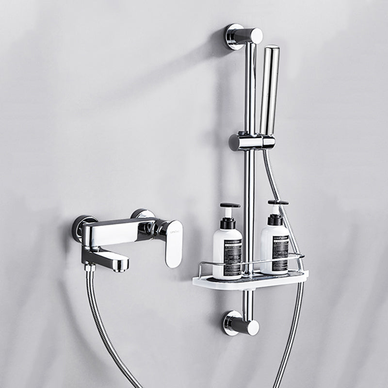 Contemporary Tub Filler Wall Mount Swivel Spout Tub Filler Trim Silver Pressurized Shower Head Risers Included Clearhalo 'Bathroom Remodel & Bathroom Fixtures' 'Bathtub Faucets' 'bathtub_faucets' 'Home Improvement' 'home_improvement' 'home_improvement_bathtub_faucets' 7381290