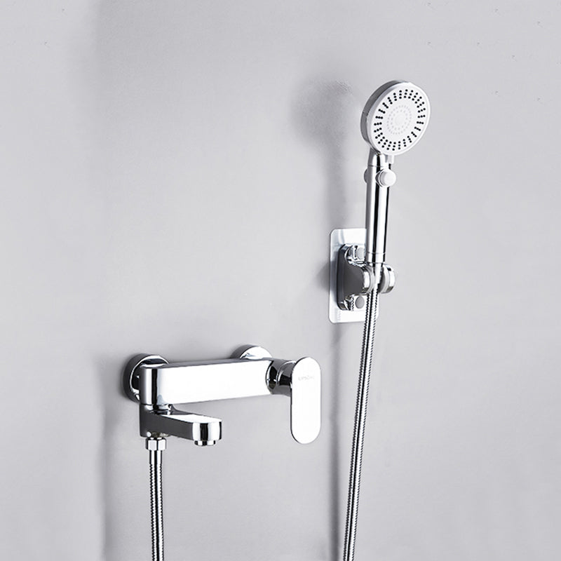 Contemporary Tub Filler Wall Mount Swivel Spout Tub Filler Trim Silver Tri-Mode Handshower Risers Not Included Clearhalo 'Bathroom Remodel & Bathroom Fixtures' 'Bathtub Faucets' 'bathtub_faucets' 'Home Improvement' 'home_improvement' 'home_improvement_bathtub_faucets' 7381294