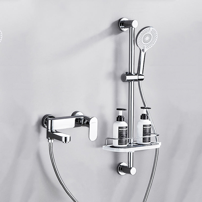 Contemporary Tub Filler Wall Mount Swivel Spout Tub Filler Trim Silver Four Speed Shower Risers Included Clearhalo 'Bathroom Remodel & Bathroom Fixtures' 'Bathtub Faucets' 'bathtub_faucets' 'Home Improvement' 'home_improvement' 'home_improvement_bathtub_faucets' 7381295
