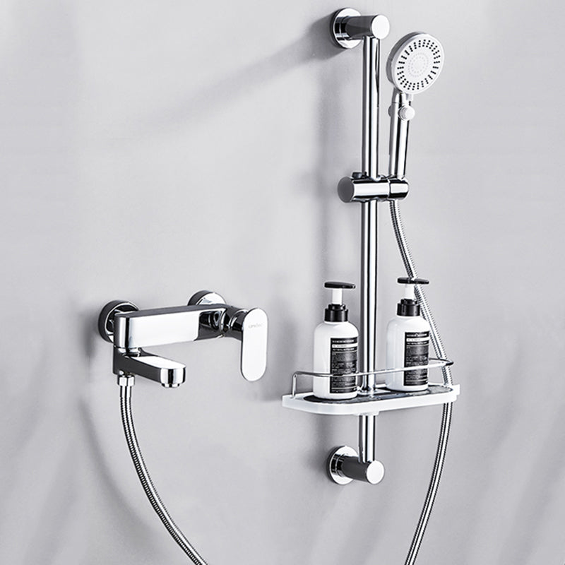 Contemporary Tub Filler Wall Mount Swivel Spout Tub Filler Trim Silver Tri-Mode Handshower Risers Included Clearhalo 'Bathroom Remodel & Bathroom Fixtures' 'Bathtub Faucets' 'bathtub_faucets' 'Home Improvement' 'home_improvement' 'home_improvement_bathtub_faucets' 7381301