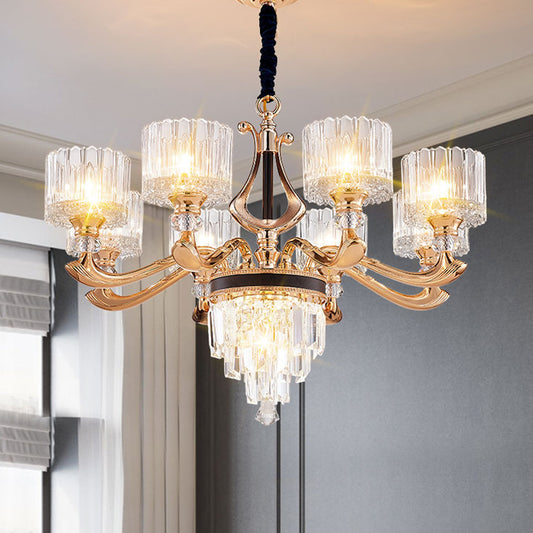 Modernist Drum Ceiling Chandelier 6/8-Bulb Crystal Rectangle Suspension Pendant Light in Black and Gold Clearhalo 'Ceiling Lights' 'Chandeliers' 'Modern Chandeliers' 'Modern' Lighting' 738139