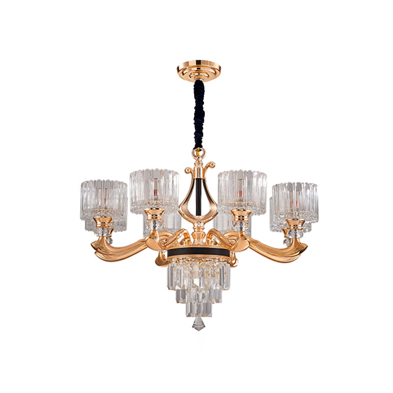 Modernist Drum Ceiling Chandelier 6/8-Bulb Crystal Rectangle Suspension Pendant Light in Black and Gold Clearhalo 'Ceiling Lights' 'Chandeliers' 'Modern Chandeliers' 'Modern' Lighting' 738143