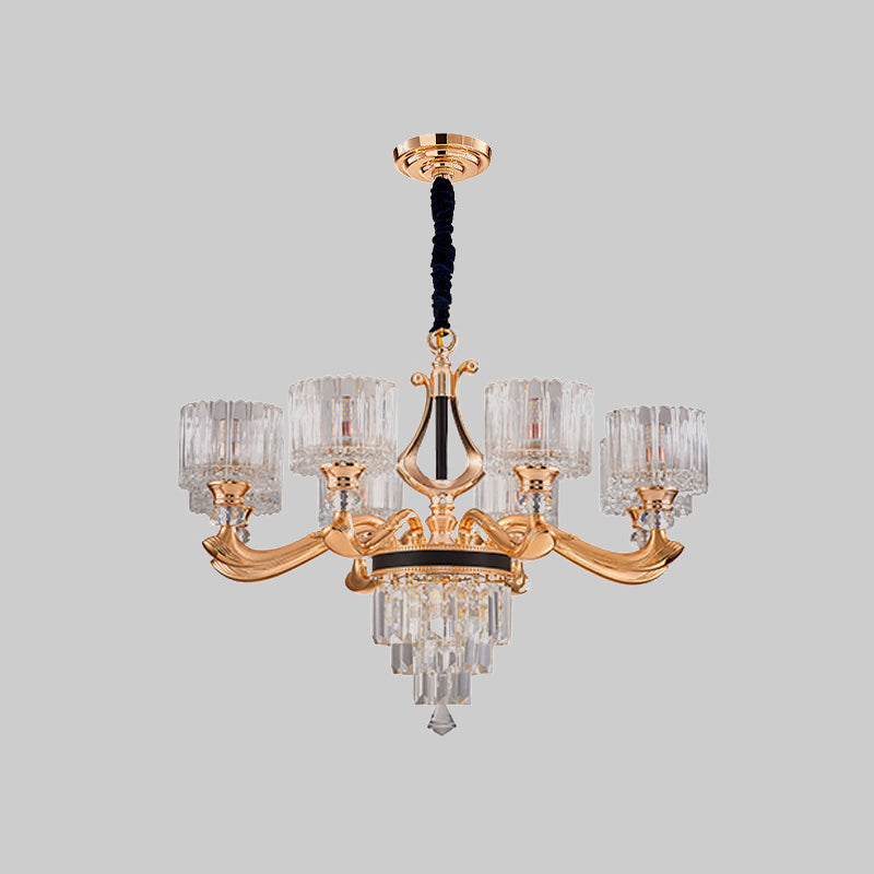 Modernist Drum Ceiling Chandelier 6/8-Bulb Crystal Rectangle Suspension Pendant Light in Black and Gold Clearhalo 'Ceiling Lights' 'Chandeliers' 'Modern Chandeliers' 'Modern' Lighting' 738144