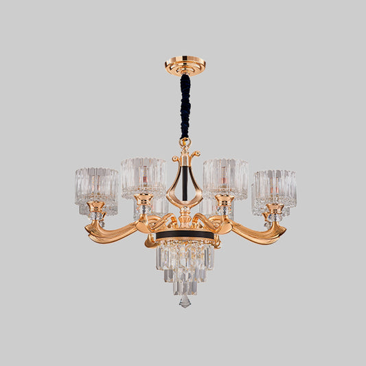 Modernist Drum Ceiling Chandelier 6/8-Bulb Crystal Rectangle Suspension Pendant Light in Black and Gold Clearhalo 'Ceiling Lights' 'Chandeliers' 'Modern Chandeliers' 'Modern' Lighting' 738144