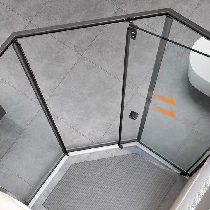 Framed Single Sliding Shower Enclosure Neo-Angle Black Shower Enclosure Clearhalo 'Bathroom Remodel & Bathroom Fixtures' 'Home Improvement' 'home_improvement' 'home_improvement_shower_stalls_enclosures' 'Shower Stalls & Enclosures' 'shower_stalls_enclosures' 'Showers & Bathtubs' 7381454