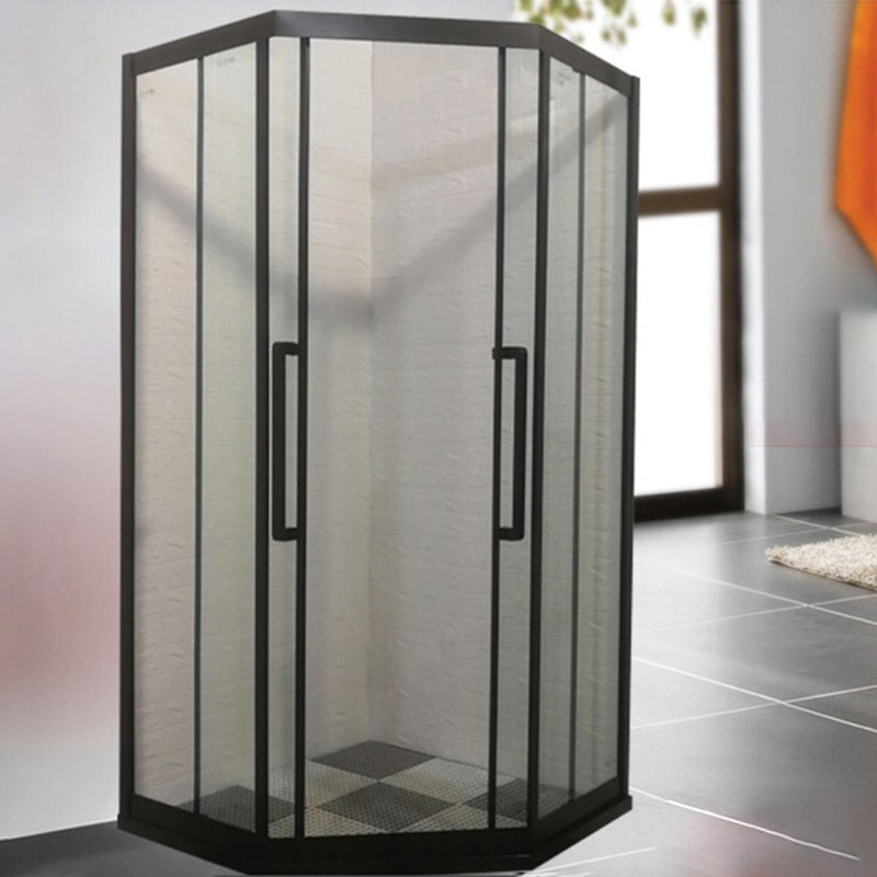 Framed Black Shower Enclosure Double Sliding Neo-Angle Shower Enclosure Clearhalo 'Bathroom Remodel & Bathroom Fixtures' 'Home Improvement' 'home_improvement' 'home_improvement_shower_stalls_enclosures' 'Shower Stalls & Enclosures' 'shower_stalls_enclosures' 'Showers & Bathtubs' 7381472