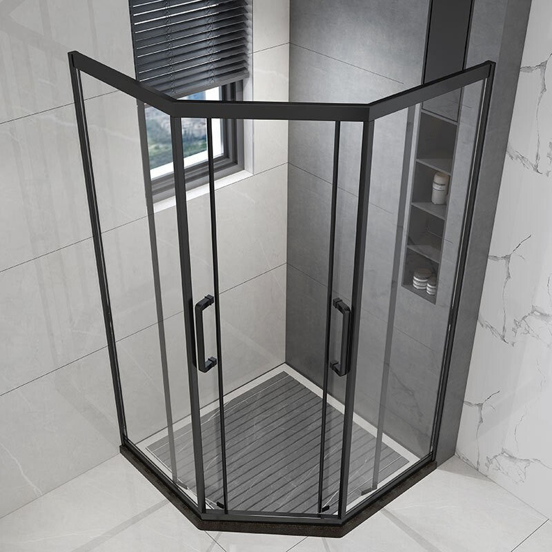Framed Black Shower Enclosure Double Sliding Neo-Angle Shower Enclosure Clearhalo 'Bathroom Remodel & Bathroom Fixtures' 'Home Improvement' 'home_improvement' 'home_improvement_shower_stalls_enclosures' 'Shower Stalls & Enclosures' 'shower_stalls_enclosures' 'Showers & Bathtubs' 7381473