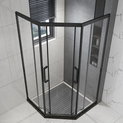 Framed Black Shower Enclosure Double Sliding Neo-Angle Shower Enclosure Clearhalo 'Bathroom Remodel & Bathroom Fixtures' 'Home Improvement' 'home_improvement' 'home_improvement_shower_stalls_enclosures' 'Shower Stalls & Enclosures' 'shower_stalls_enclosures' 'Showers & Bathtubs' 7381473