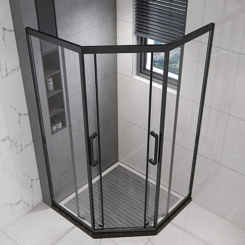 Framed Black Shower Enclosure Double Sliding Neo-Angle Shower Enclosure Clearhalo 'Bathroom Remodel & Bathroom Fixtures' 'Home Improvement' 'home_improvement' 'home_improvement_shower_stalls_enclosures' 'Shower Stalls & Enclosures' 'shower_stalls_enclosures' 'Showers & Bathtubs' 7381474