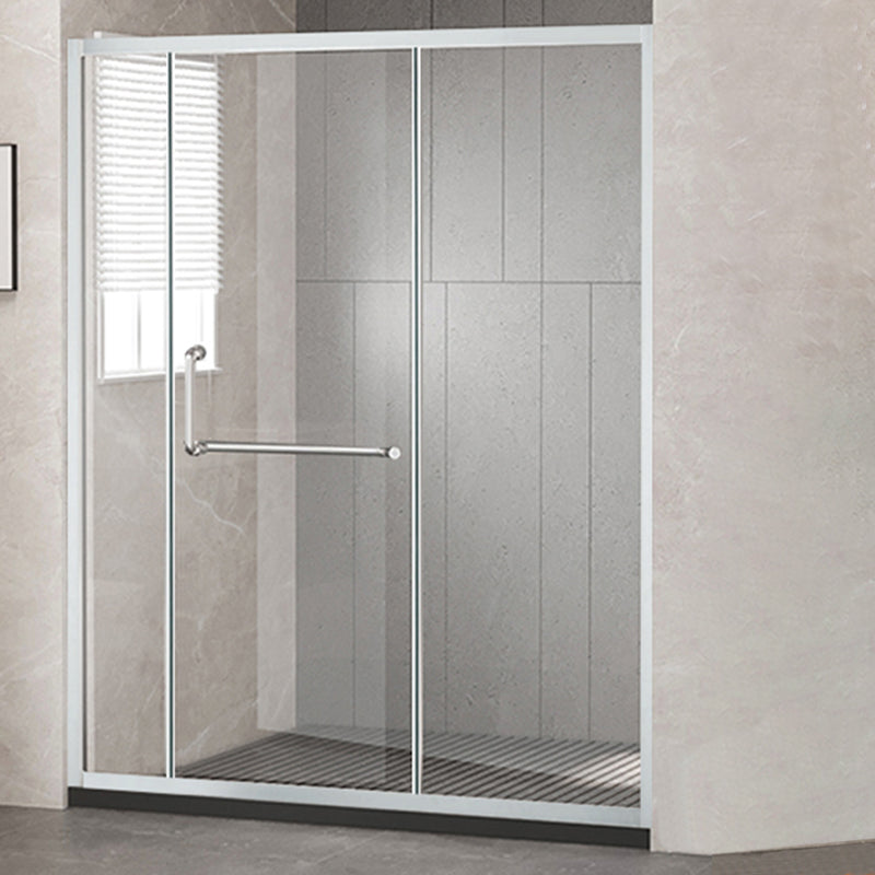 Semi-Frameless Shower Bath Door Single Sliding Shower Doors Tempered Silver 71"L x 75"H Clearhalo 'Bathroom Remodel & Bathroom Fixtures' 'Home Improvement' 'home_improvement' 'home_improvement_shower_tub_doors' 'Shower and Tub Doors' 'shower_tub_doors' 'Showers & Bathtubs' 7381722