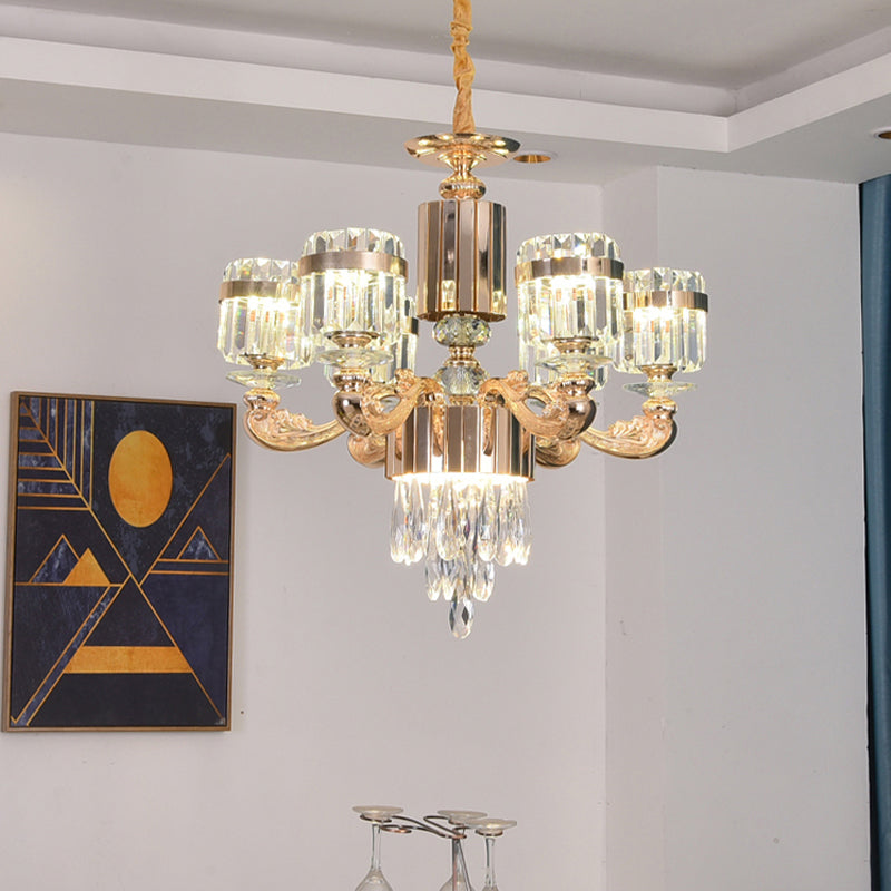 6/8 Lights Cylinder Chandelier Lighting Modern Gold Crystal Ceiling Pendant Lamp over Table 6 Gold Clearhalo 'Ceiling Lights' 'Chandeliers' 'Modern Chandeliers' 'Modern' Lighting' 738175