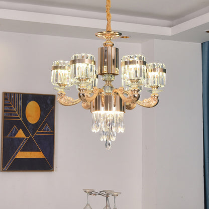 6/8 Lights Cylinder Chandelier Lighting Modern Gold Crystal Ceiling Pendant Lamp over Table 6 Gold Clearhalo 'Ceiling Lights' 'Chandeliers' 'Modern Chandeliers' 'Modern' Lighting' 738175