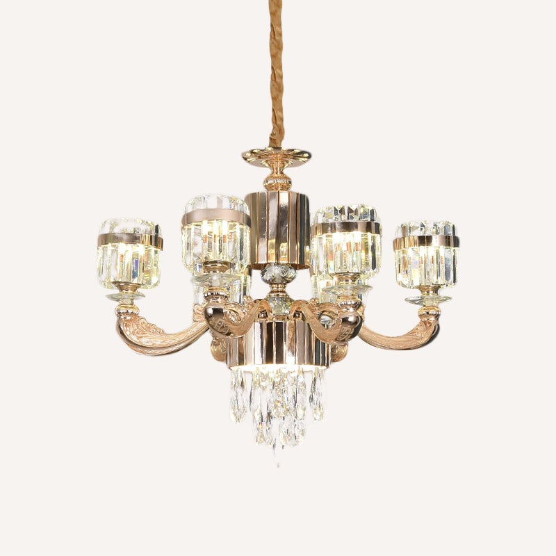6/8 Lights Cylinder Chandelier Lighting Modern Gold Crystal Ceiling Pendant Lamp over Table Clearhalo 'Ceiling Lights' 'Chandeliers' 'Modern Chandeliers' 'Modern' Lighting' 738177