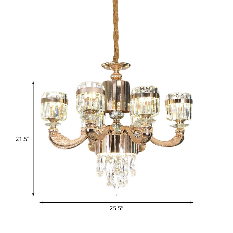 6/8 Lights Cylinder Chandelier Lighting Modern Gold Crystal Ceiling Pendant Lamp over Table Clearhalo 'Ceiling Lights' 'Chandeliers' 'Modern Chandeliers' 'Modern' Lighting' 738178