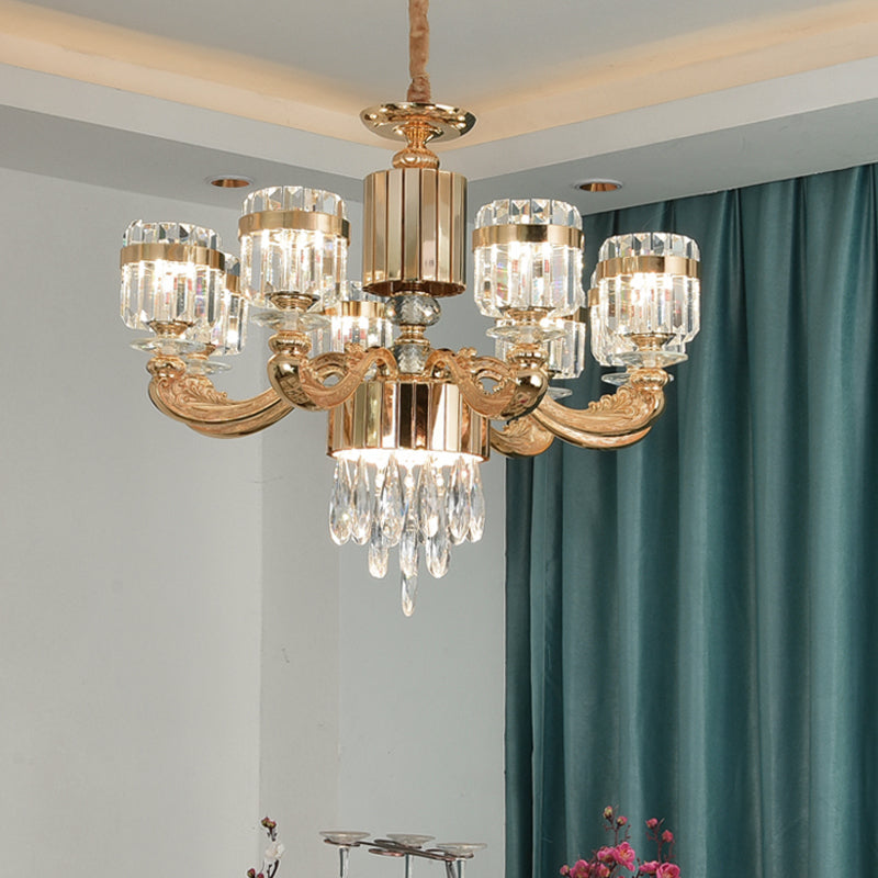 6/8 Lights Cylinder Chandelier Lighting Modern Gold Crystal Ceiling Pendant Lamp over Table 8 Gold Clearhalo 'Ceiling Lights' 'Chandeliers' 'Modern Chandeliers' 'Modern' Lighting' 738179