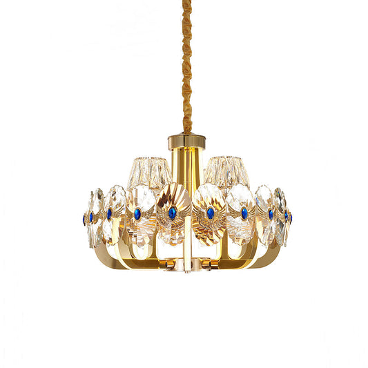 Round Panel Crystal Pendant Chandelier Modernist 8 Bulbs Living Room LED Ceiling Hang Fixture in Gold with Cone Shade Clearhalo 'Ceiling Lights' 'Chandeliers' 'Modern Chandeliers' 'Modern' Lighting' 738185