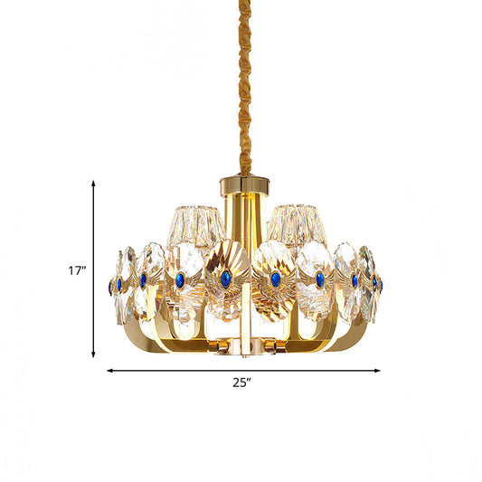 Round Panel Crystal Pendant Chandelier Modernist 8 Bulbs Living Room LED Ceiling Hang Fixture in Gold with Cone Shade Clearhalo 'Ceiling Lights' 'Chandeliers' 'Modern Chandeliers' 'Modern' Lighting' 738187