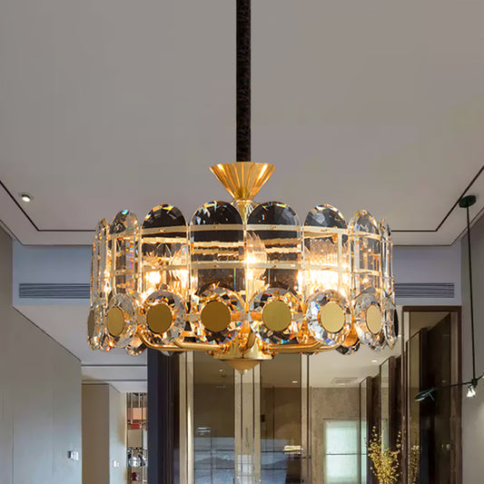 9-Light Chandelier Modernist Restaurant Hanging Ceiling Lamp with Round Crystal Panel Shade in Gold Clearhalo 'Ceiling Lights' 'Chandeliers' 'Modern Chandeliers' 'Modern' Lighting' 738189