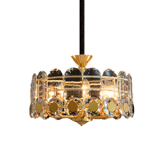 9-Light Chandelier Modernist Restaurant Hanging Ceiling Lamp with Round Crystal Panel Shade in Gold Clearhalo 'Ceiling Lights' 'Chandeliers' 'Modern Chandeliers' 'Modern' Lighting' 738190