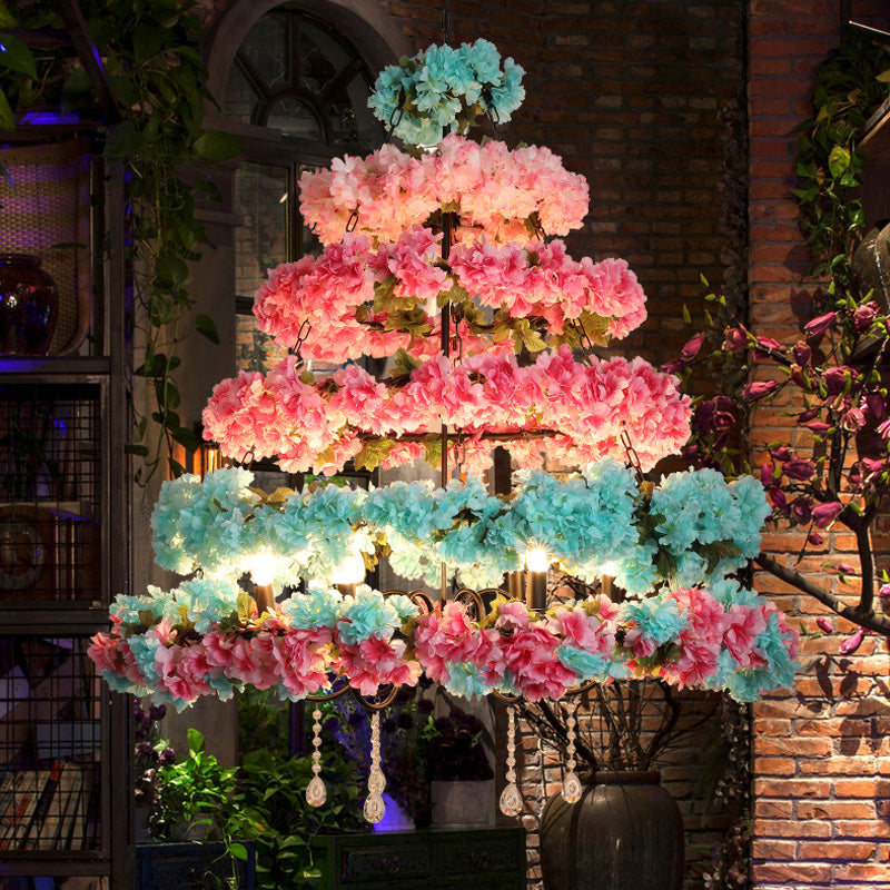 Pink and Blue 6 Bulbs Chandelier Loft Iron Multi Circle Cage Flower Suspension Lighting with Crystal Accent Pink-Blue Clearhalo 'Cast Iron' 'Ceiling Lights' 'Chandeliers' 'Industrial Chandeliers' 'Industrial' 'Metal' 'Middle Century Chandeliers' 'Rustic Chandeliers' 'Tiffany' Lighting' 738548