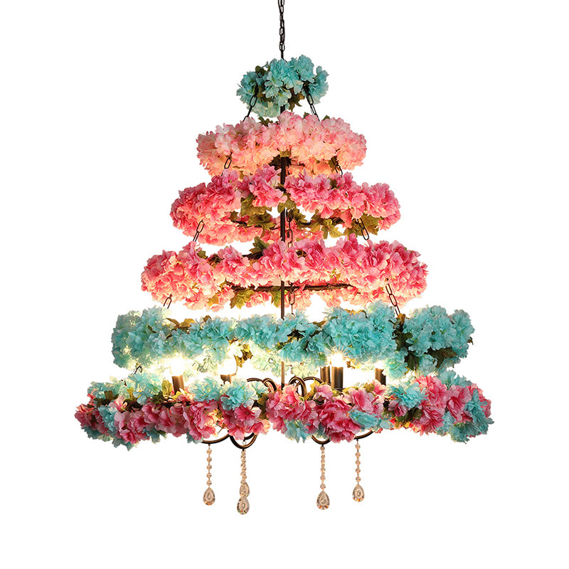 Pink and Blue 6 Bulbs Chandelier Loft Iron Multi Circle Cage Flower Suspension Lighting with Crystal Accent Clearhalo 'Cast Iron' 'Ceiling Lights' 'Chandeliers' 'Industrial Chandeliers' 'Industrial' 'Metal' 'Middle Century Chandeliers' 'Rustic Chandeliers' 'Tiffany' Lighting' 738549