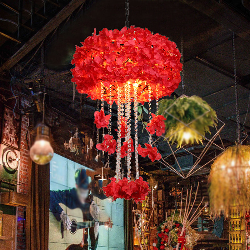 Round Cage Restaurant Chandelier Vintage Iron 4-Bulb Red Flower Ceiling Hang Fixture with Crystal Bead Red Clearhalo 'Cast Iron' 'Ceiling Lights' 'Chandeliers' 'Industrial Chandeliers' 'Industrial' 'Metal' 'Middle Century Chandeliers' 'Rustic Chandeliers' 'Tiffany' Lighting' 738552