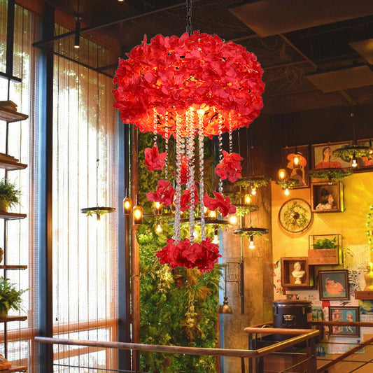 Round Cage Restaurant Chandelier Vintage Iron 4-Bulb Red Flower Ceiling Hang Fixture with Crystal Bead Clearhalo 'Cast Iron' 'Ceiling Lights' 'Chandeliers' 'Industrial Chandeliers' 'Industrial' 'Metal' 'Middle Century Chandeliers' 'Rustic Chandeliers' 'Tiffany' Lighting' 738553