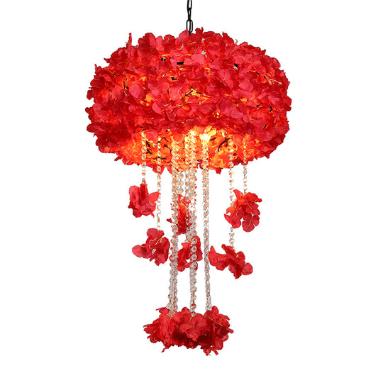 Round Cage Restaurant Chandelier Vintage Iron 4-Bulb Red Flower Ceiling Hang Fixture with Crystal Bead Clearhalo 'Cast Iron' 'Ceiling Lights' 'Chandeliers' 'Industrial Chandeliers' 'Industrial' 'Metal' 'Middle Century Chandeliers' 'Rustic Chandeliers' 'Tiffany' Lighting' 738554