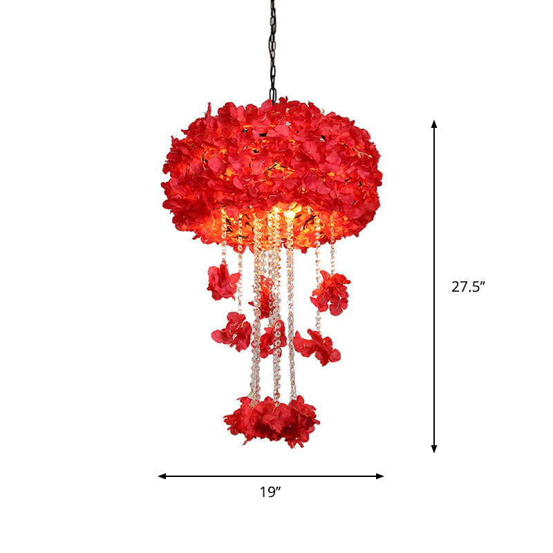 Round Cage Restaurant Chandelier Vintage Iron 4-Bulb Red Flower Ceiling Hang Fixture with Crystal Bead Clearhalo 'Cast Iron' 'Ceiling Lights' 'Chandeliers' 'Industrial Chandeliers' 'Industrial' 'Metal' 'Middle Century Chandeliers' 'Rustic Chandeliers' 'Tiffany' Lighting' 738555