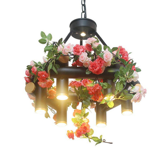 6-Light Chandelier Lamp Vintage Tubular Iron Down Lighting Pendant in Black with Artificial Flower Clearhalo 'Cast Iron' 'Ceiling Lights' 'Chandeliers' 'Industrial Chandeliers' 'Industrial' 'Metal' 'Middle Century Chandeliers' 'Rustic Chandeliers' 'Tiffany' Lighting' 738557