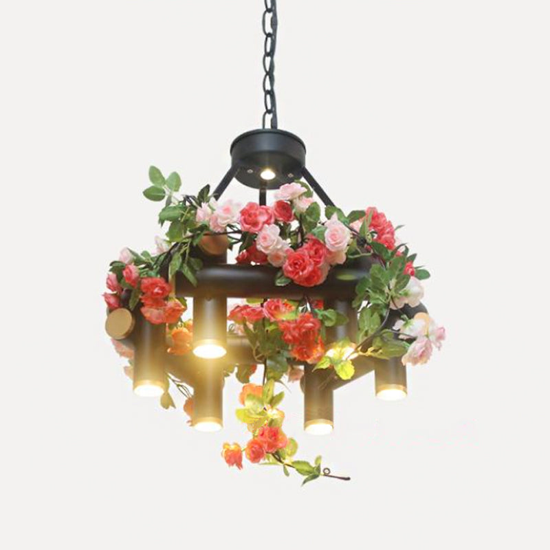 6-Light Chandelier Lamp Vintage Tubular Iron Down Lighting Pendant in Black with Artificial Flower Clearhalo 'Cast Iron' 'Ceiling Lights' 'Chandeliers' 'Industrial Chandeliers' 'Industrial' 'Metal' 'Middle Century Chandeliers' 'Rustic Chandeliers' 'Tiffany' Lighting' 738558