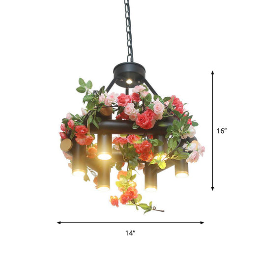 6-Light Chandelier Lamp Vintage Tubular Iron Down Lighting Pendant in Black with Artificial Flower Clearhalo 'Cast Iron' 'Ceiling Lights' 'Chandeliers' 'Industrial Chandeliers' 'Industrial' 'Metal' 'Middle Century Chandeliers' 'Rustic Chandeliers' 'Tiffany' Lighting' 738559