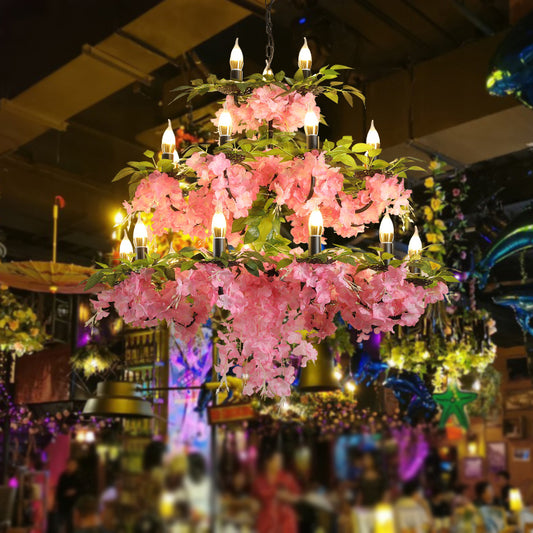 3-Tier Candle Iron Chandelier Light 21 Heads Restaurant Flower Ceiling Pendant Lamp in Pink Pink Clearhalo 'Cast Iron' 'Ceiling Lights' 'Chandeliers' 'Industrial Chandeliers' 'Industrial' 'Metal' 'Middle Century Chandeliers' 'Rustic Chandeliers' 'Tiffany' Lighting' 738560