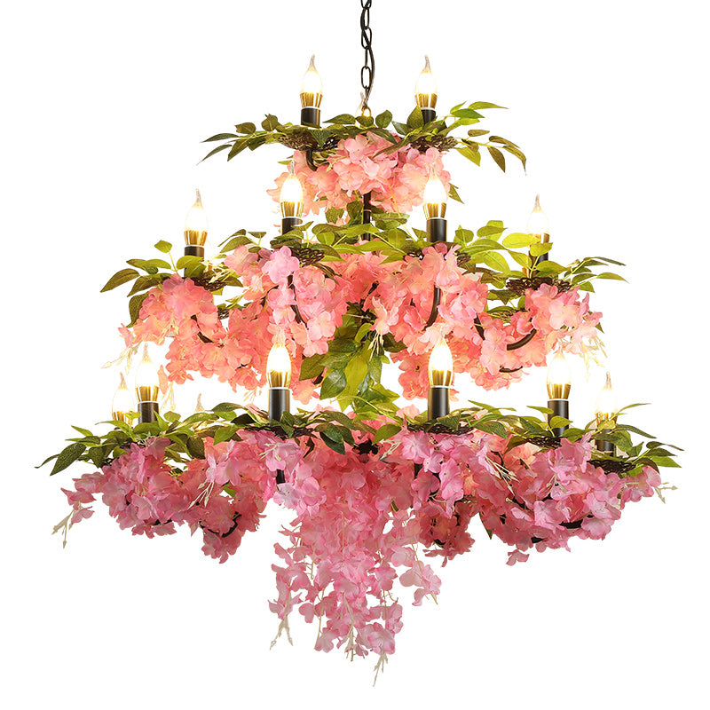 3-Tier Candle Iron Chandelier Light 21 Heads Restaurant Flower Ceiling Pendant Lamp in Pink Clearhalo 'Cast Iron' 'Ceiling Lights' 'Chandeliers' 'Industrial Chandeliers' 'Industrial' 'Metal' 'Middle Century Chandeliers' 'Rustic Chandeliers' 'Tiffany' Lighting' 738561