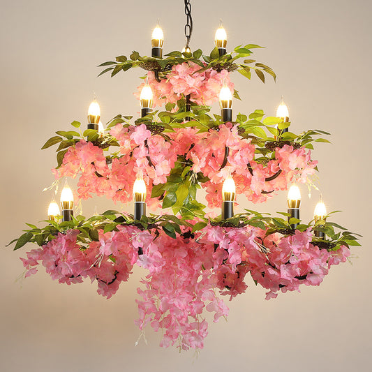 3-Tier Candle Iron Chandelier Light 21 Heads Restaurant Flower Ceiling Pendant Lamp in Pink Clearhalo 'Cast Iron' 'Ceiling Lights' 'Chandeliers' 'Industrial Chandeliers' 'Industrial' 'Metal' 'Middle Century Chandeliers' 'Rustic Chandeliers' 'Tiffany' Lighting' 738562