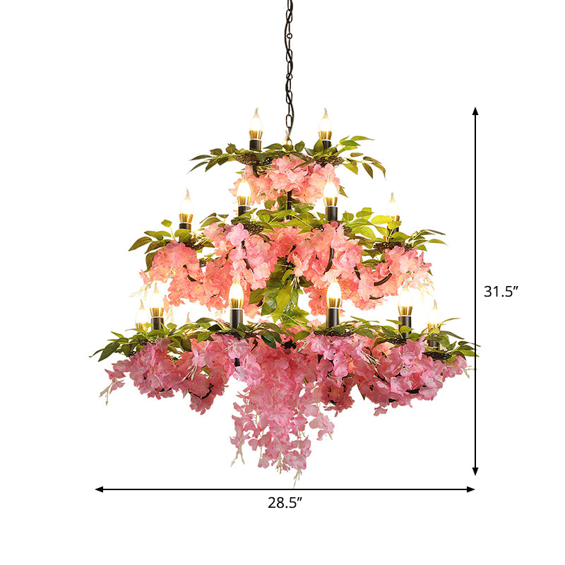 3-Tier Candle Iron Chandelier Light 21 Heads Restaurant Flower Ceiling Pendant Lamp in Pink Clearhalo 'Cast Iron' 'Ceiling Lights' 'Chandeliers' 'Industrial Chandeliers' 'Industrial' 'Metal' 'Middle Century Chandeliers' 'Rustic Chandeliers' 'Tiffany' Lighting' 738563