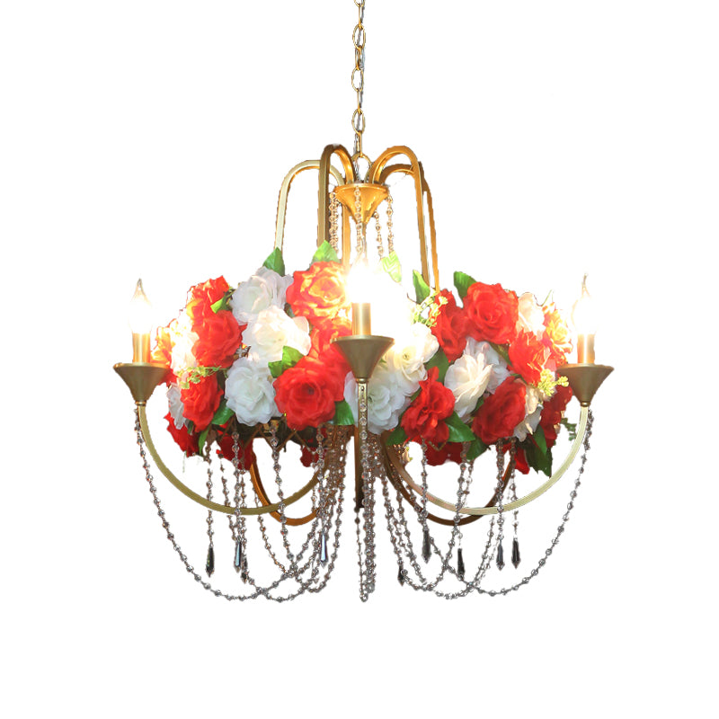 5 Heads Iron Chandelier Lighting Antique Gold Candlestick Restaurant Flower Ceiling Lamp with Crystal Strand Clearhalo 'Cast Iron' 'Ceiling Lights' 'Chandeliers' 'Industrial Chandeliers' 'Industrial' 'Metal' 'Middle Century Chandeliers' 'Rustic Chandeliers' 'Tiffany' Lighting' 738573