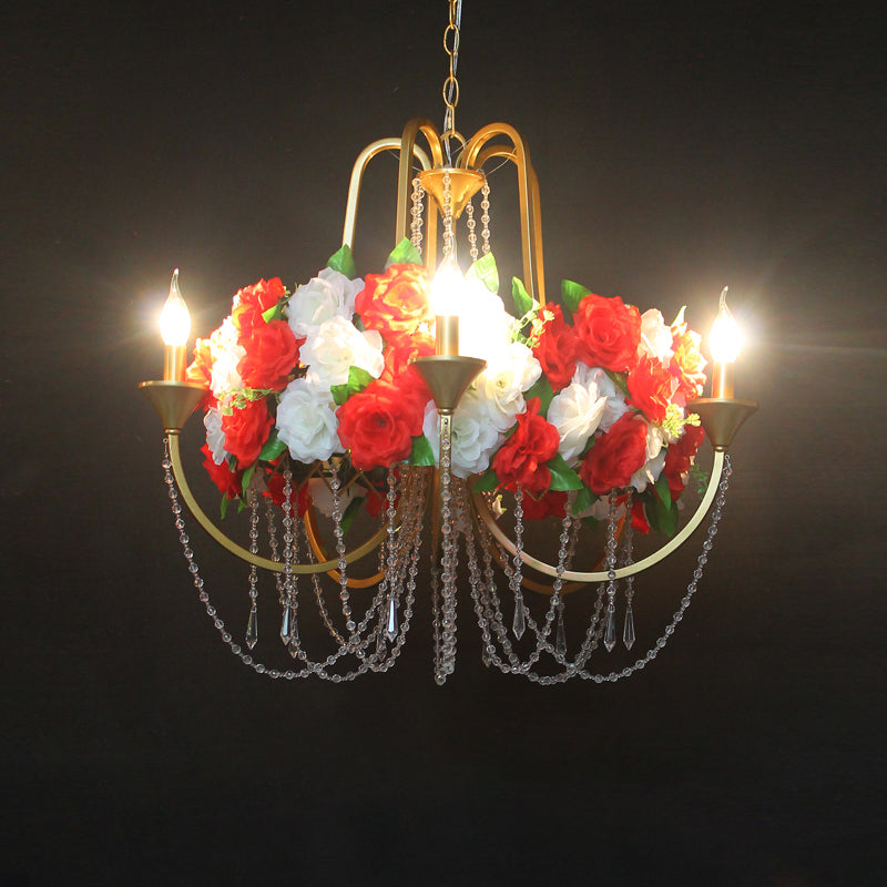 5 Heads Iron Chandelier Lighting Antique Gold Candlestick Restaurant Flower Ceiling Lamp with Crystal Strand Clearhalo 'Cast Iron' 'Ceiling Lights' 'Chandeliers' 'Industrial Chandeliers' 'Industrial' 'Metal' 'Middle Century Chandeliers' 'Rustic Chandeliers' 'Tiffany' Lighting' 738574