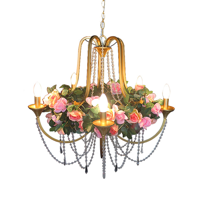 5 Heads Iron Chandelier Lighting Antique Gold Candlestick Restaurant Flower Ceiling Lamp with Crystal Strand Clearhalo 'Cast Iron' 'Ceiling Lights' 'Chandeliers' 'Industrial Chandeliers' 'Industrial' 'Metal' 'Middle Century Chandeliers' 'Rustic Chandeliers' 'Tiffany' Lighting' 738578