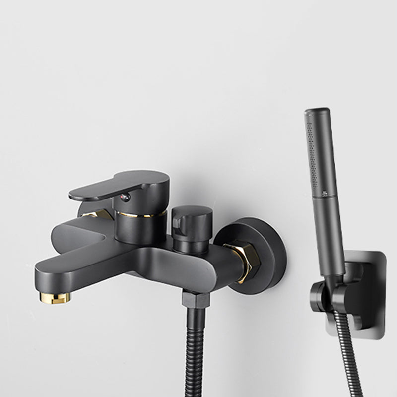 Contemporary Bath Filler Trim Wall Mounted Fixed Bathroom Faucet Black-Gold Pressurized Shower Head Risers Not Included Clearhalo 'Bathroom Remodel & Bathroom Fixtures' 'Bathtub Faucets' 'bathtub_faucets' 'Home Improvement' 'home_improvement' 'home_improvement_bathtub_faucets' 7385797