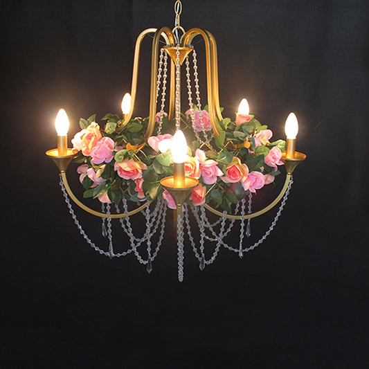 5 Heads Iron Chandelier Lighting Antique Gold Candlestick Restaurant Flower Ceiling Lamp with Crystal Strand Clearhalo 'Cast Iron' 'Ceiling Lights' 'Chandeliers' 'Industrial Chandeliers' 'Industrial' 'Metal' 'Middle Century Chandeliers' 'Rustic Chandeliers' 'Tiffany' Lighting' 738579