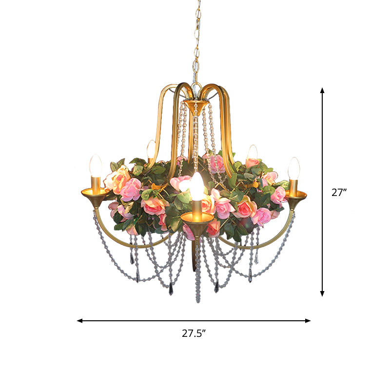5 Heads Iron Chandelier Lighting Antique Gold Candlestick Restaurant Flower Ceiling Lamp with Crystal Strand Clearhalo 'Cast Iron' 'Ceiling Lights' 'Chandeliers' 'Industrial Chandeliers' 'Industrial' 'Metal' 'Middle Century Chandeliers' 'Rustic Chandeliers' 'Tiffany' Lighting' 738580