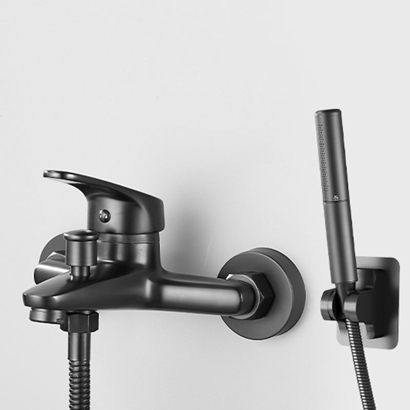 Contemporary Bath Filler Trim Wall Mounted Fixed Bathroom Faucet Gloss Black Pressurized Shower Head Risers Not Included Clearhalo 'Bathroom Remodel & Bathroom Fixtures' 'Bathtub Faucets' 'bathtub_faucets' 'Home Improvement' 'home_improvement' 'home_improvement_bathtub_faucets' 7385804