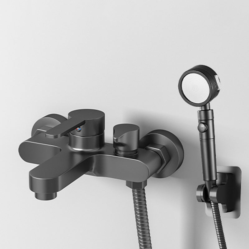 Contemporary Bath Filler Trim Wall Mounted Fixed Bathroom Faucet Black Tri-Mode Handshower Risers Not Included Clearhalo 'Bathroom Remodel & Bathroom Fixtures' 'Bathtub Faucets' 'bathtub_faucets' 'Home Improvement' 'home_improvement' 'home_improvement_bathtub_faucets' 7385811