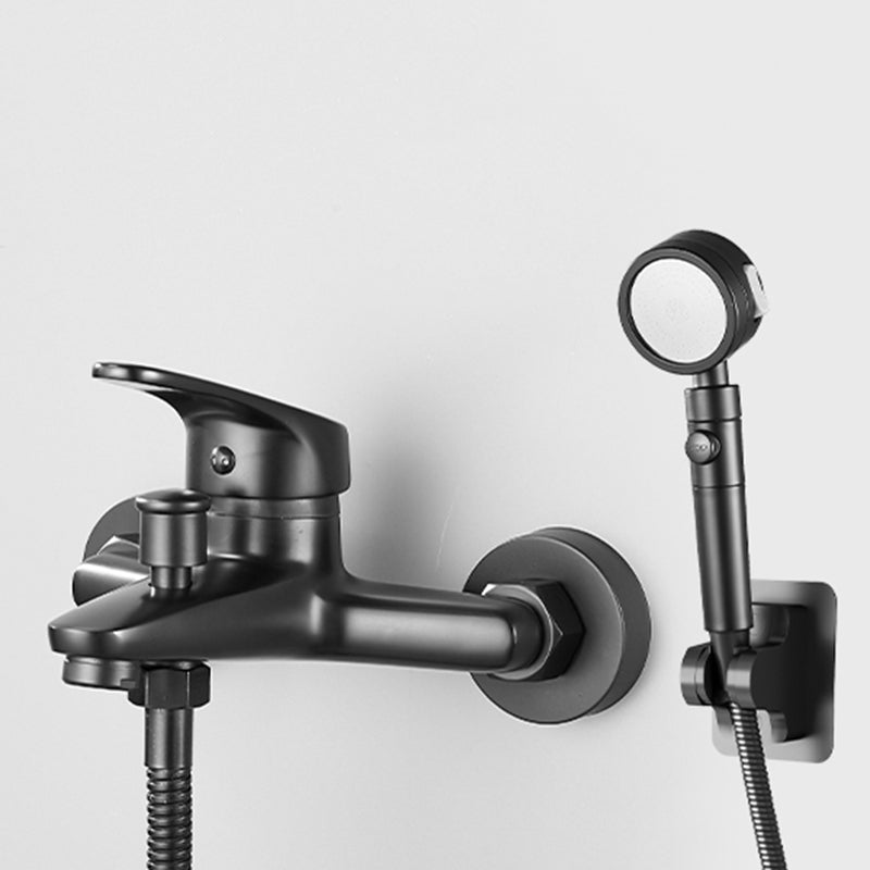 Contemporary Bath Filler Trim Wall Mounted Fixed Bathroom Faucet Gloss Black Tri-Mode Handshower Risers Not Included Clearhalo 'Bathroom Remodel & Bathroom Fixtures' 'Bathtub Faucets' 'bathtub_faucets' 'Home Improvement' 'home_improvement' 'home_improvement_bathtub_faucets' 7385818