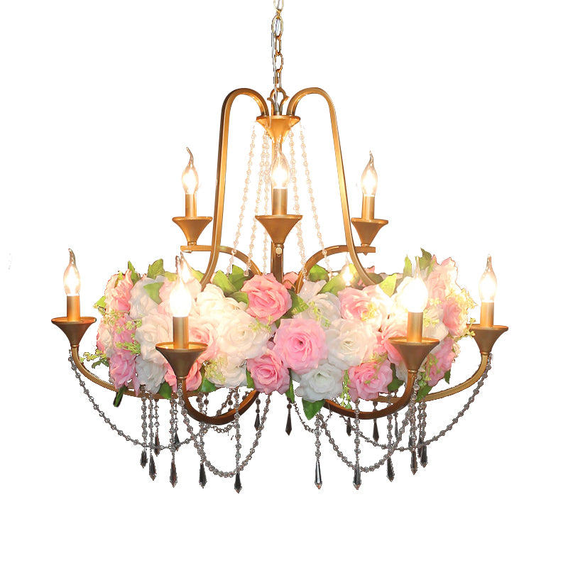 9 Lights Pendant Chandelier Antique Candelabra Iron Flower Ceiling Hang Fixture with Clear Crystal in Gold Clearhalo 'Cast Iron' 'Ceiling Lights' 'Chandeliers' 'Industrial Chandeliers' 'Industrial' 'Metal' 'Middle Century Chandeliers' 'Rustic Chandeliers' 'Tiffany' Lighting' 738582